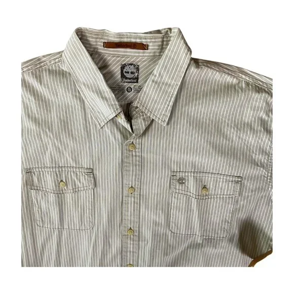 Timberland Men's NWT Button Down Striped Long Sleeve Shirt Beige and White XL - Picture 2 of 7
